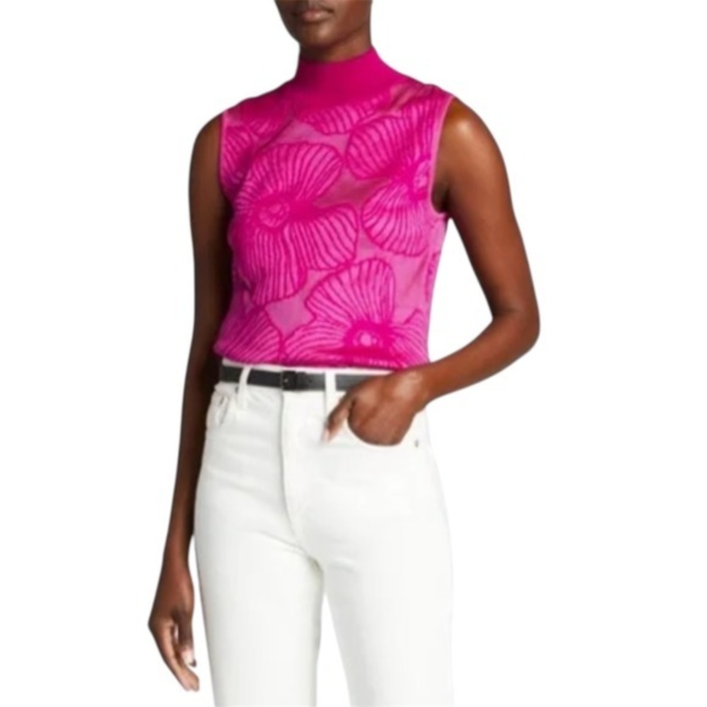 FUZZI Pink Floral Virgin‎ Wool Blend Mock Neck Sleeveless Mesh Top Italy Small
